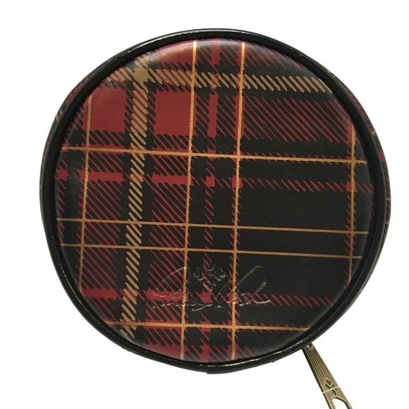 Patricia Nash Diamante Leather Round Zip Jewelry Case Bag Plaid Tartan Red Pouch - Picture 2 of 11